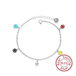 925 Silver Smile Face Pendant Chain Bracelet Colorful Enamel Charm for Women