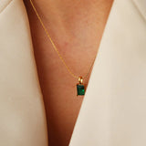Square Green Zircon Pendant Necklace Titanium Steel
