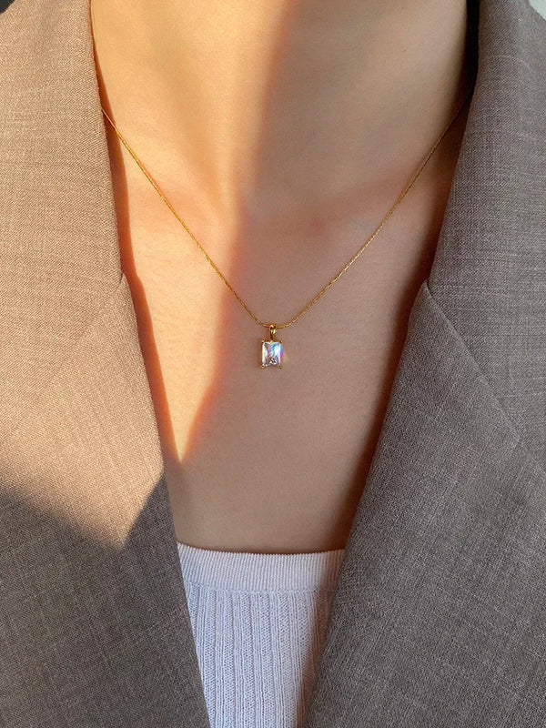 Square Green Zircon Pendant Necklace Titanium Steel