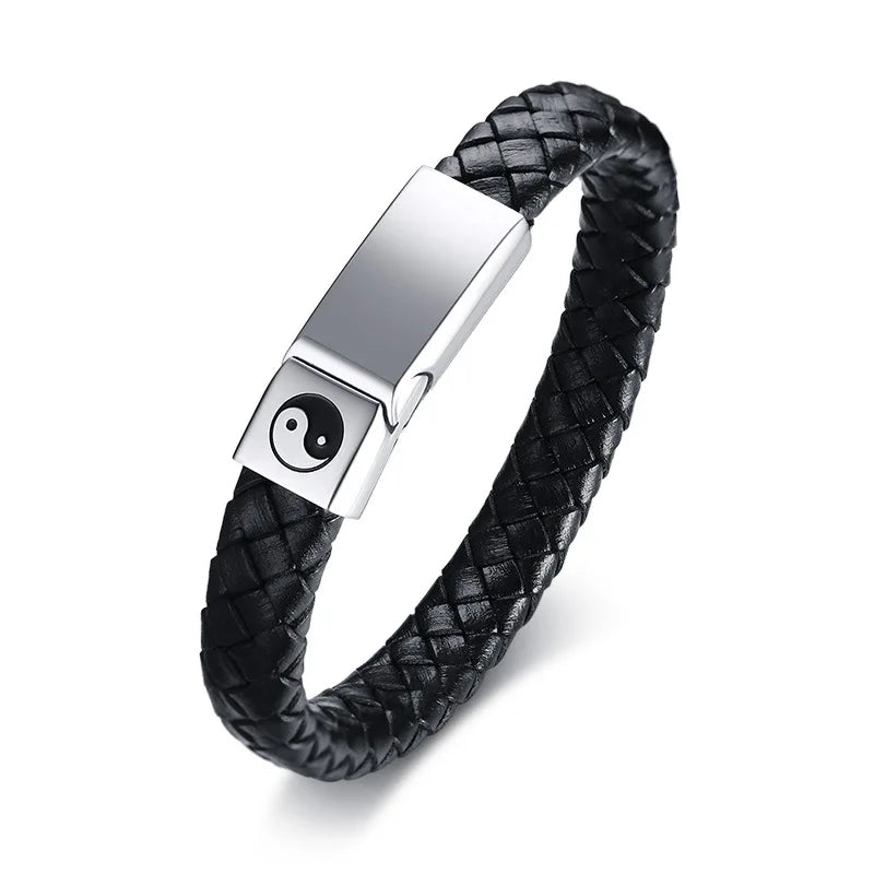 Stainless Steel Tai Chi Men's Bracelet Leather Cuff