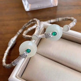 Vintage Sterling Silver Bamboo Bracelet with Jade Peace Buckle