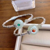 Vintage Sterling Silver Bamboo Bracelet with Jade Peace Buckle