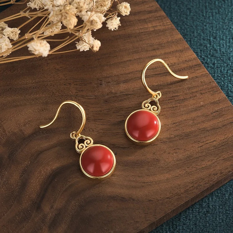 Vintage Style Earrings with Hotan Jade & Agate Inlay