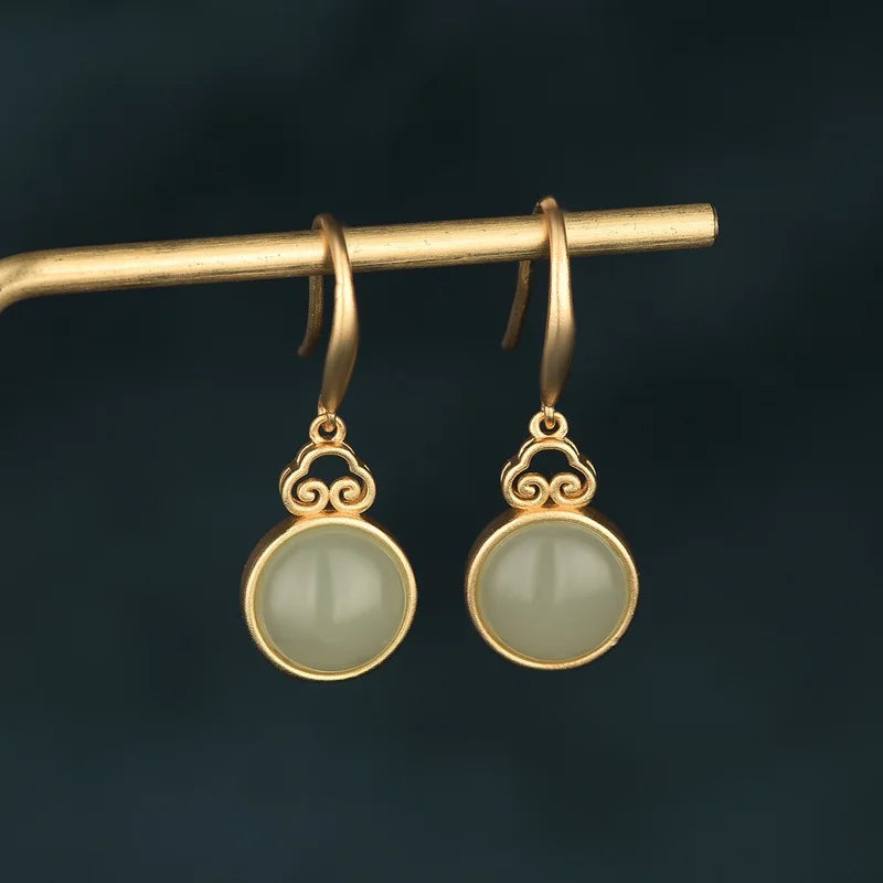 Vintage Style Earrings with Hotan Jade & Agate Inlay