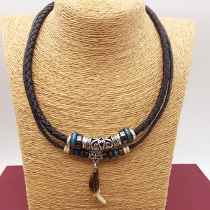 Retro Style Dog Tooth Pendant Necklace Brown Leather Cord Choker 3XUA