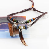 Retro Style Dog Tooth Pendant Necklace Brown Leather Cord Choker 3XUA