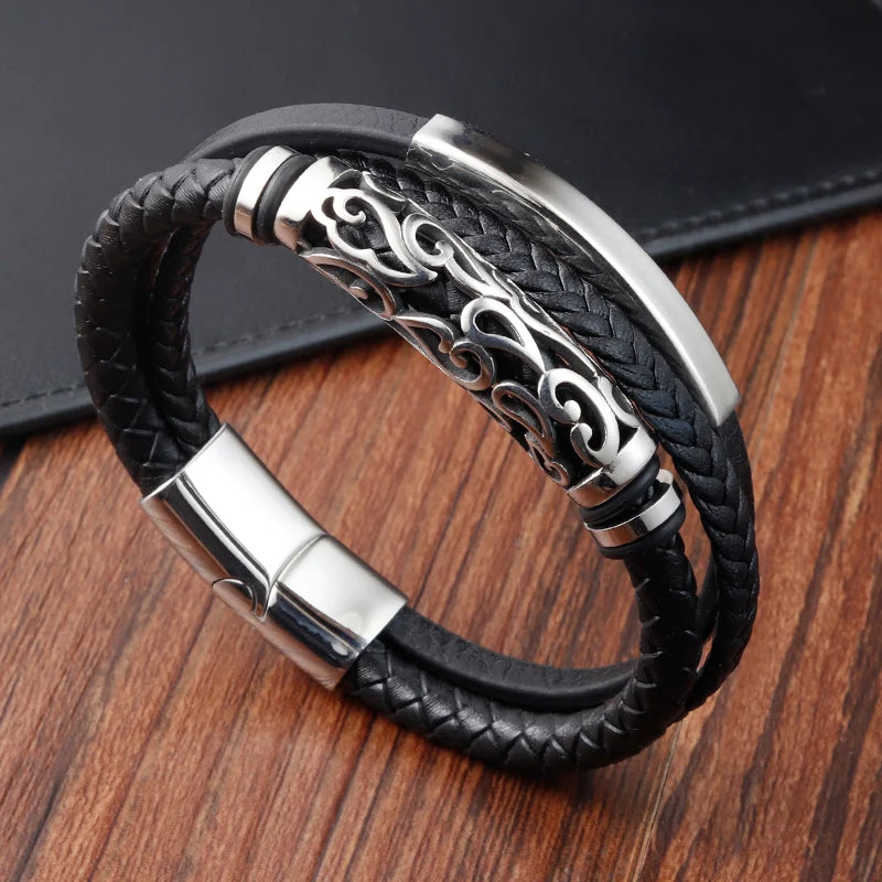 Stylish Stainless Steel Men's Leather Bracelet
