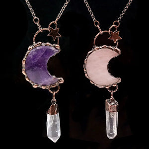 Retro Style Natural Stone Crescent Moon Pendant Necklace For Women