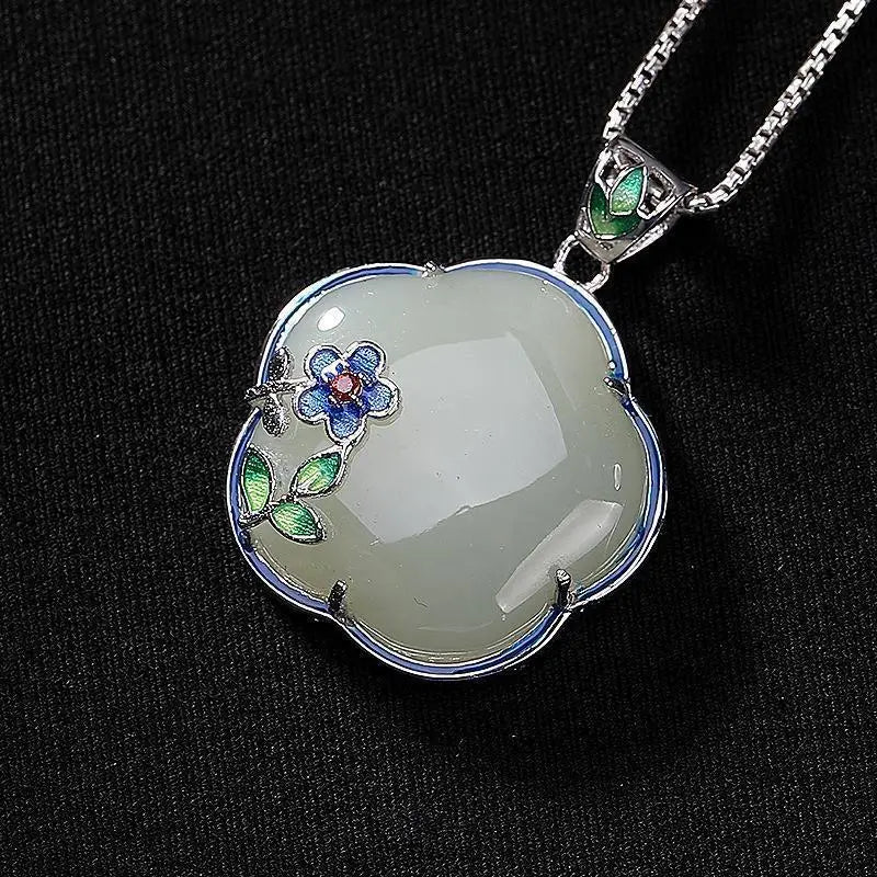 Retro Style S925 Silver Hetian Jade Plum Blossom Pendant