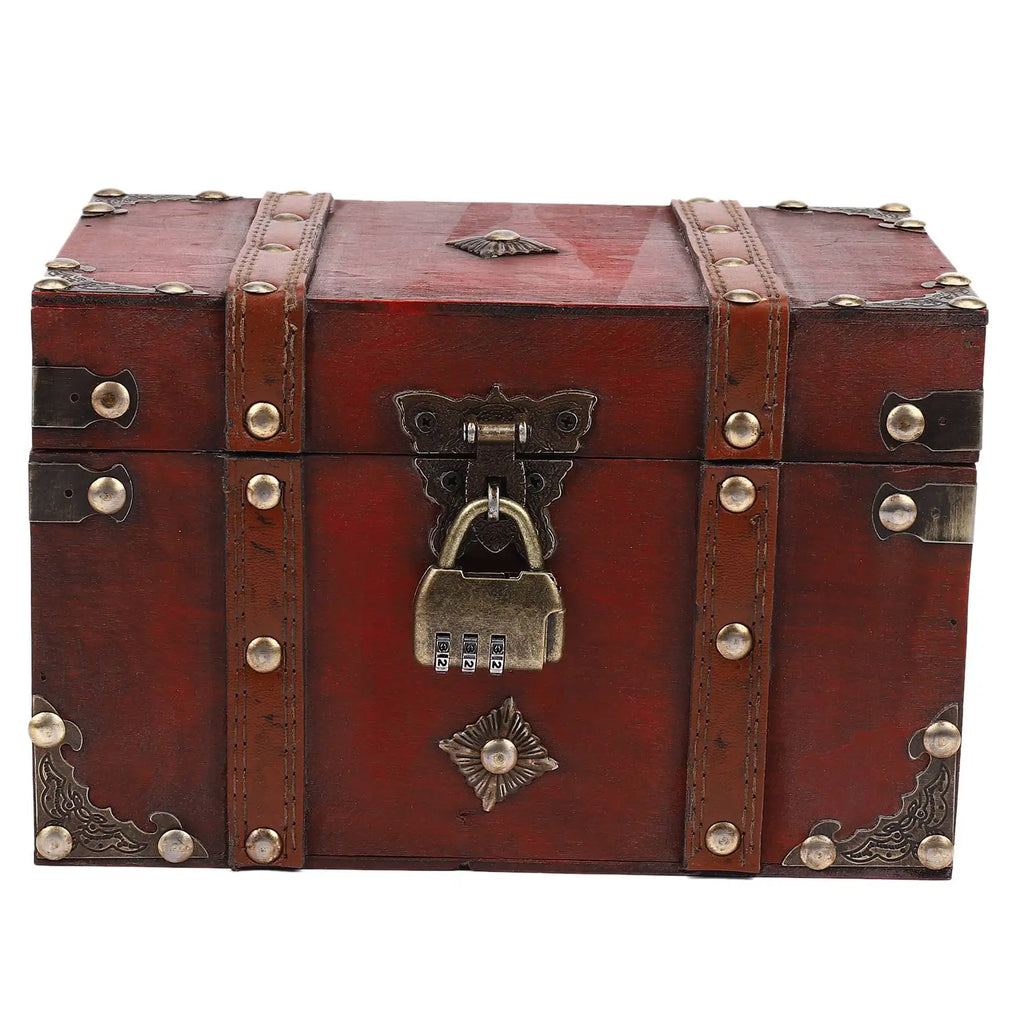 Vintage Wooden Treasure Chest with Lock Antique Style Jewelry Box