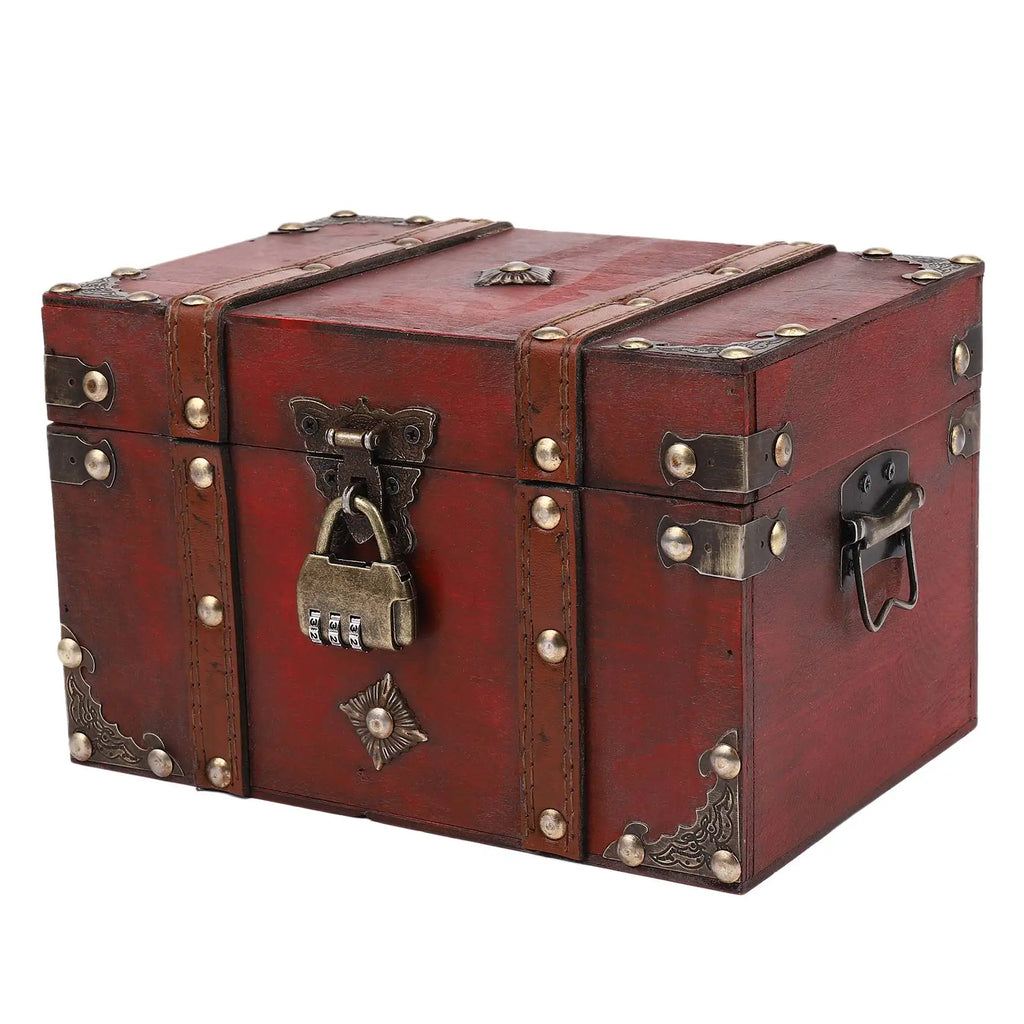 Vintage Wooden Treasure Chest with Lock Antique Style Jewelry Box