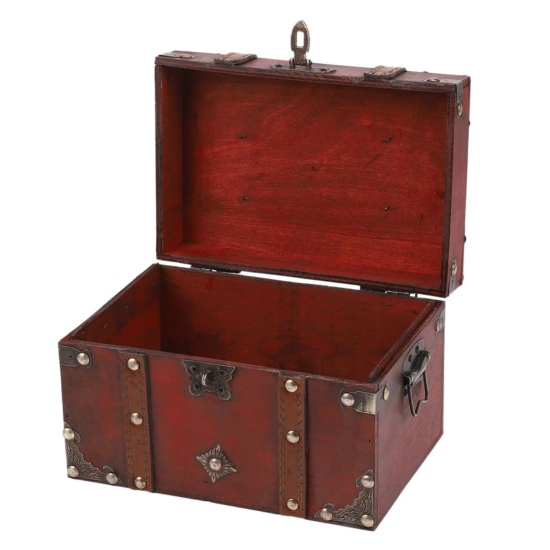Vintage Wooden Treasure Chest with Lock Antique Style Jewelry Box