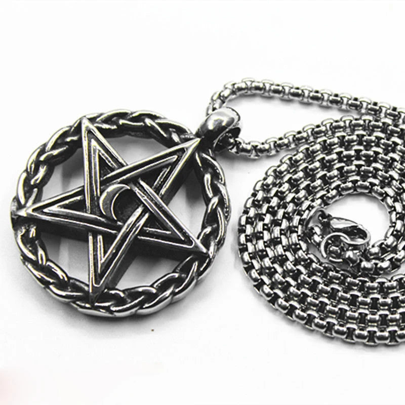 Retro Woven Moon Pentagram Pendant Necklace Men's Sweater Chain
