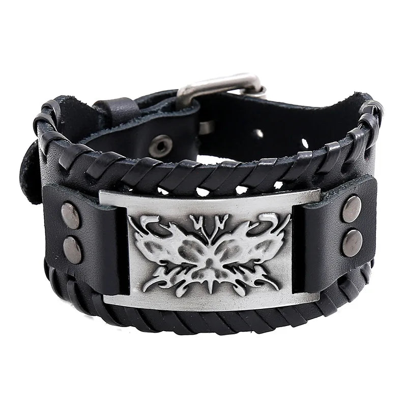 Retro Woven Punk Cowhide Bracelet Alloy Butterfly Men's Leather Bracelet