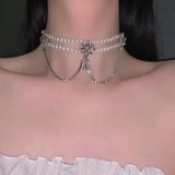 Retro Palace Wind Zircon Flower Pearl Necklace Female Neck Chain