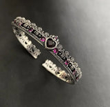 Retro Silver Zircon Cross Crown Love Open Bracelet Women's Bangle