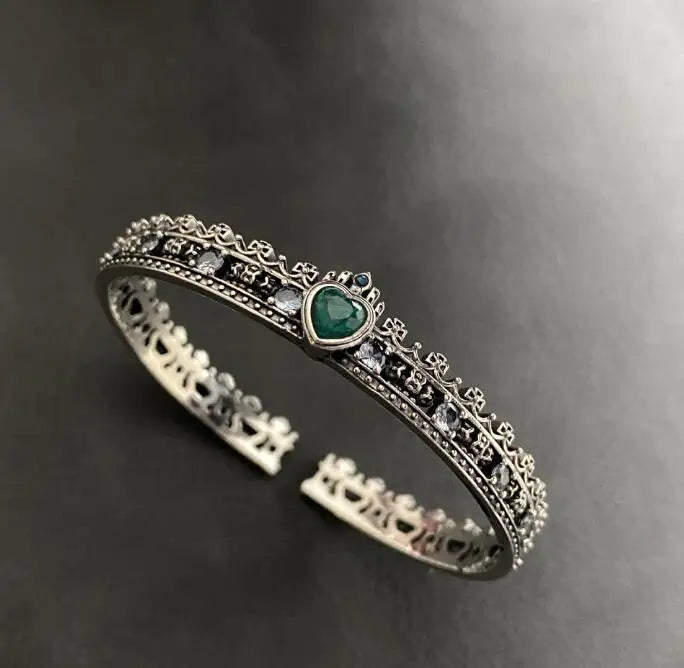 Retro Silver Zircon Cross Crown Love Open Bracelet Women's Bangle