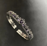 Retro Silver Zircon Cross Crown Love Open Bracelet Women's Bangle