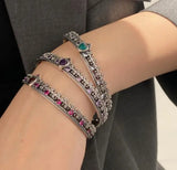 Retro Silver Zircon Cross Crown Love Open Bracelet Women's Bangle