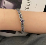 Retro Silver Zircon Cross Crown Love Open Bracelet Women's Bangle