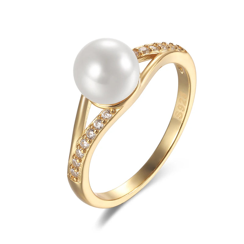 Sterling Silver Pearl Ring with Cubic Zircon - Women's Jewelry