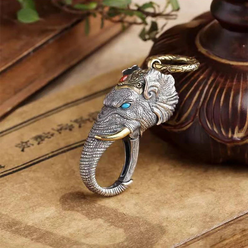 RetroSen Silver Elephant God Of Wealth Pendant Keychain