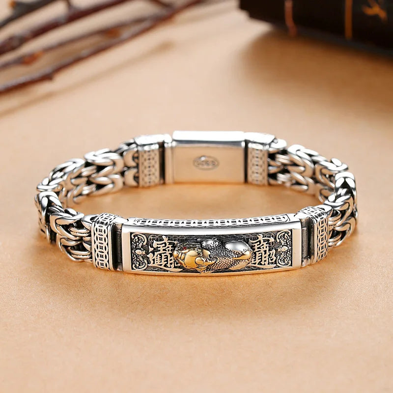 RetroSen Silver Men Bracelet Bangle Double Chain Peace Tattoo Chinese Style
