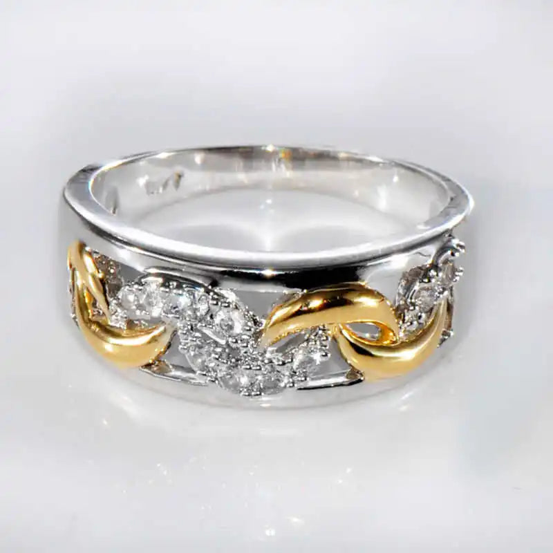 Two Tone Zircon Hollow Ring Band Wedding Engagement Gift Ring Size 6-10