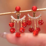 Rhinestone Ball Tassel Earrings Red Long Earrings Women