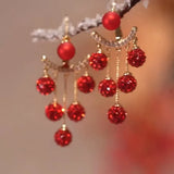 Rhinestone Ball Tassel Earrings Red Long Earrings Women