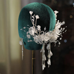 Bride's Lace Wedding Head Piece with Rhinestone Beaded Tassel