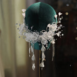 Bride's Lace Wedding Head Piece with Rhinestone Beaded Tassel