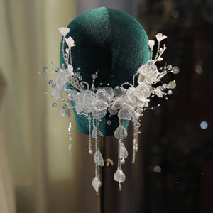 Bride's Lace Wedding Head Piece with Rhinestone Beaded Tassel