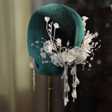 Bride's Lace Wedding Head Piece with Rhinestone Beaded Tassel