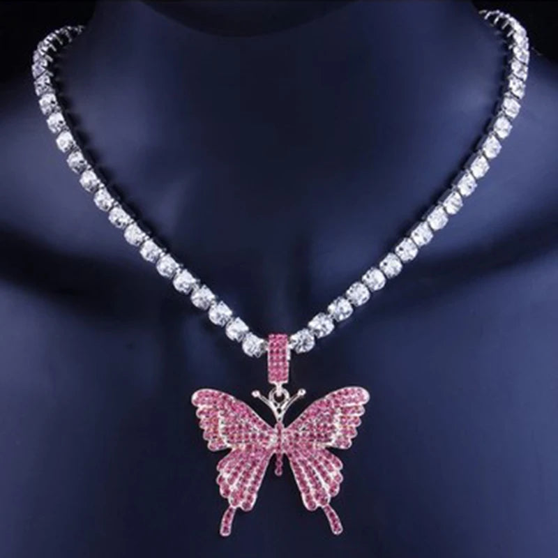 Rhinestone Butterfly Pendant Necklace Neck Jewelry for Women and Girls
