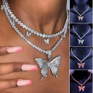 Rhinestone Butterfly Pendant Necklace Neck Jewelry for Women and Girls