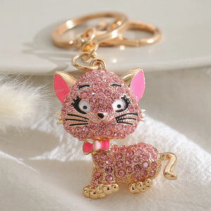 Pink Rhinestone Cat Key Chain Metal Pendant Cartoon Kitten Bag Charms Keyring