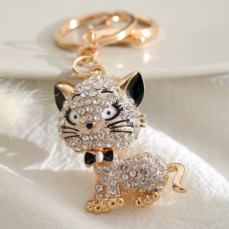 Pink Rhinestone Cat Key Chain Metal Pendant Cartoon Kitten Bag Charms Keyring