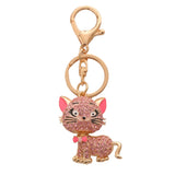 Pink Rhinestone Cat Key Chain Metal Pendant Cartoon Kitten Bag Charms Keyring