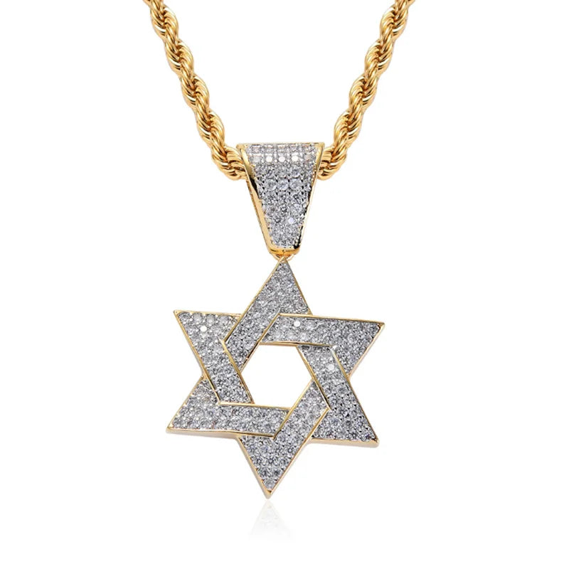 Rhinestone Six-Pointed Star Necklace Hip Hop Men Chain Jewelry