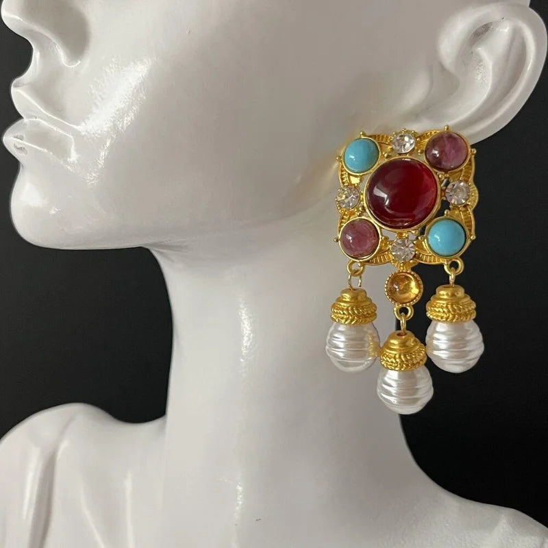 Vintage Rhinestone Tassel Geometric Earrings