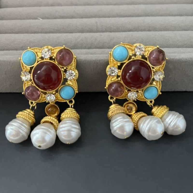 Vintage Rhinestone Tassel Geometric Earrings