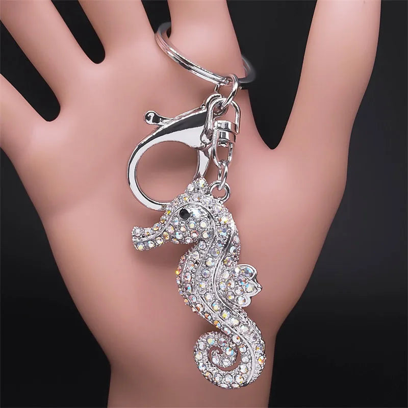 Rhinestone Hippocampus Key Chain Sea Horse Key Ring School Bag Accessories
