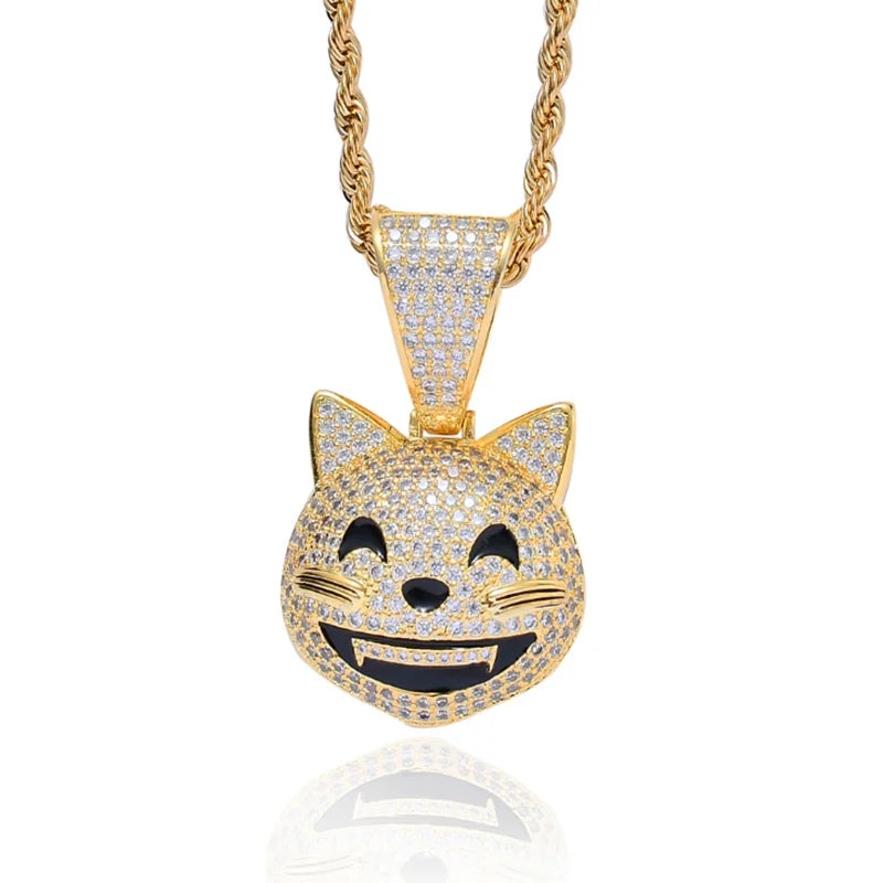 Cubic Zircon Cat Pendant Silver Hip Hop Charm Chain Jewelry
