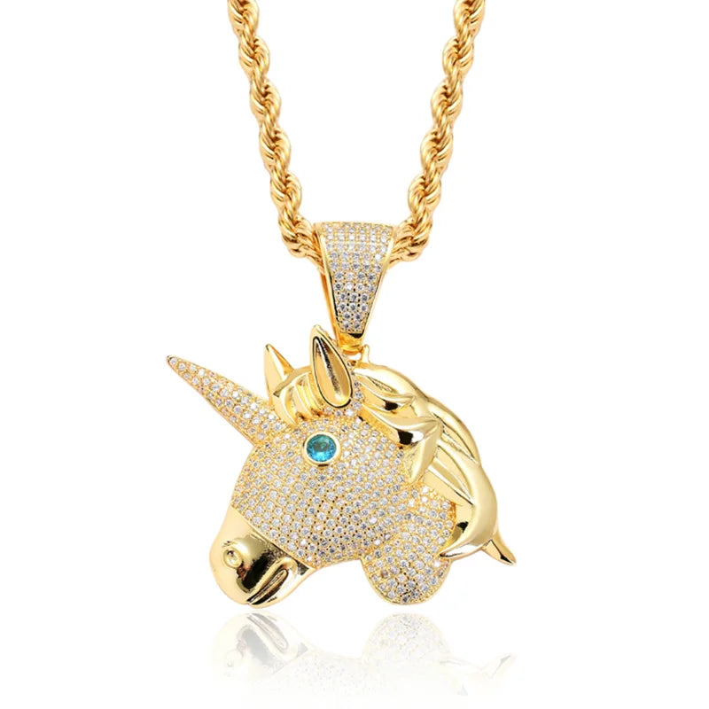 Rhinestone Men Necklace Ice Out Cubic Zircon Hip Hop Agate Eyes Animals Pendant