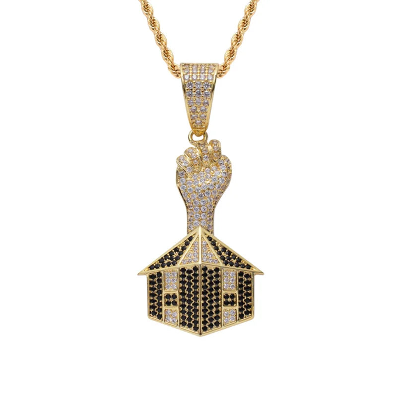 Rhinestone Men Necklace Ice Out Cubic Zircon Hip Hop House Pendant
