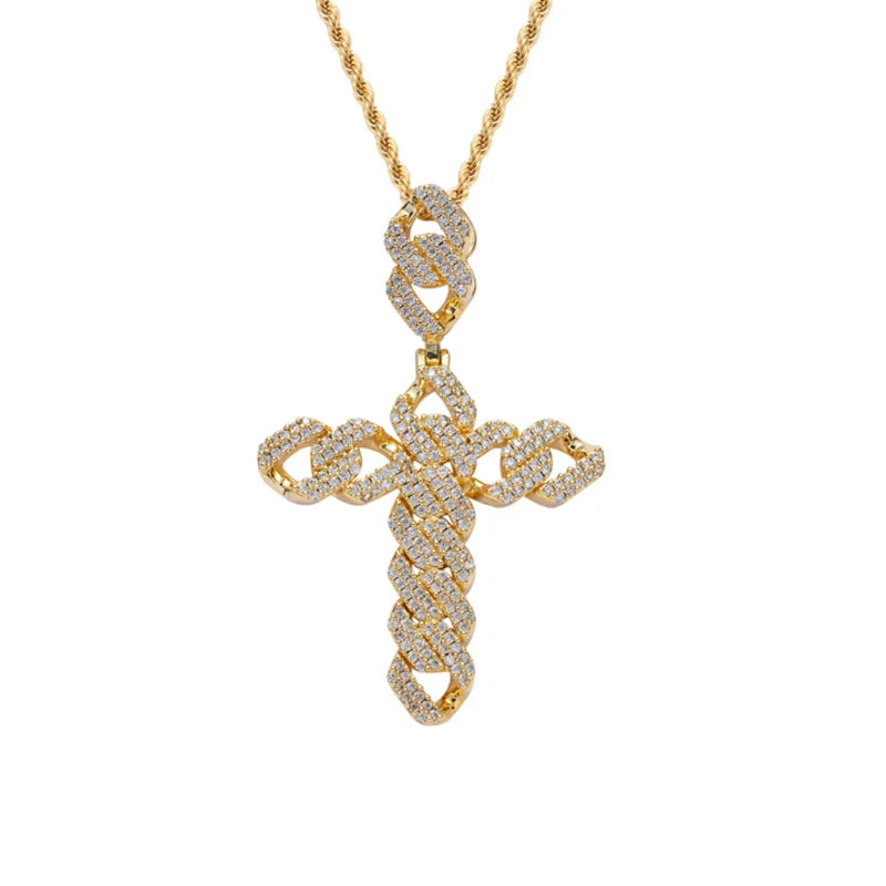 CZ Hip Hop Rhombus Cross Pendant Silver Charm Chain Necklace