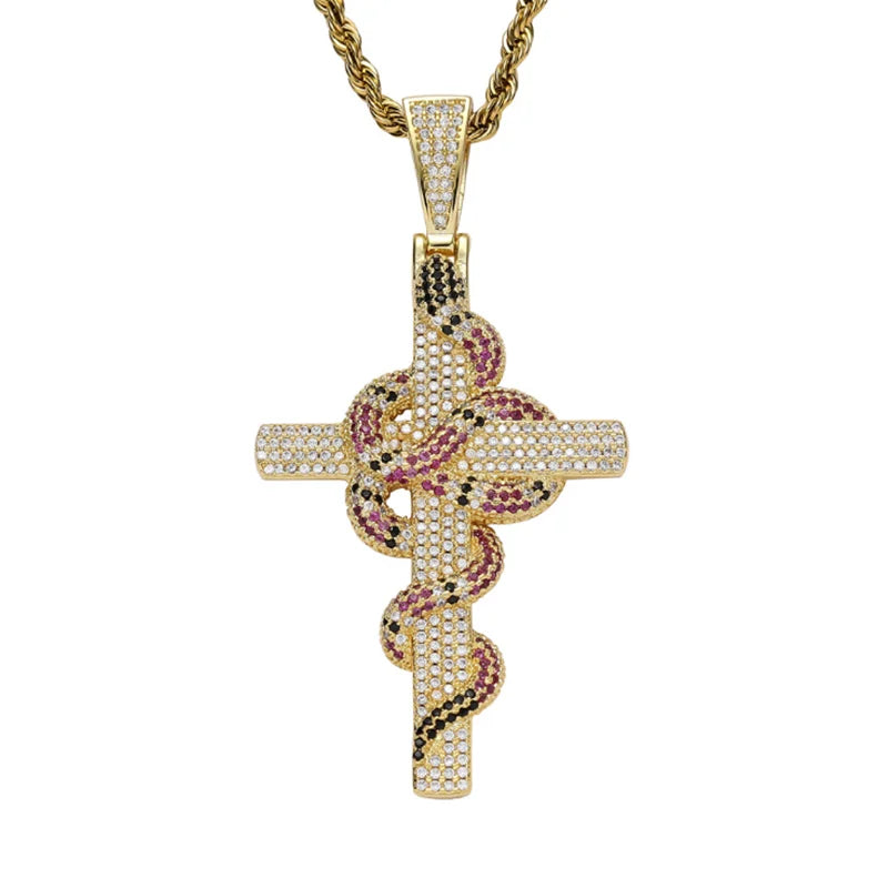 Hip Hop Snake Cross Pendant Necklace Ice Out Charm Chain Jewelry