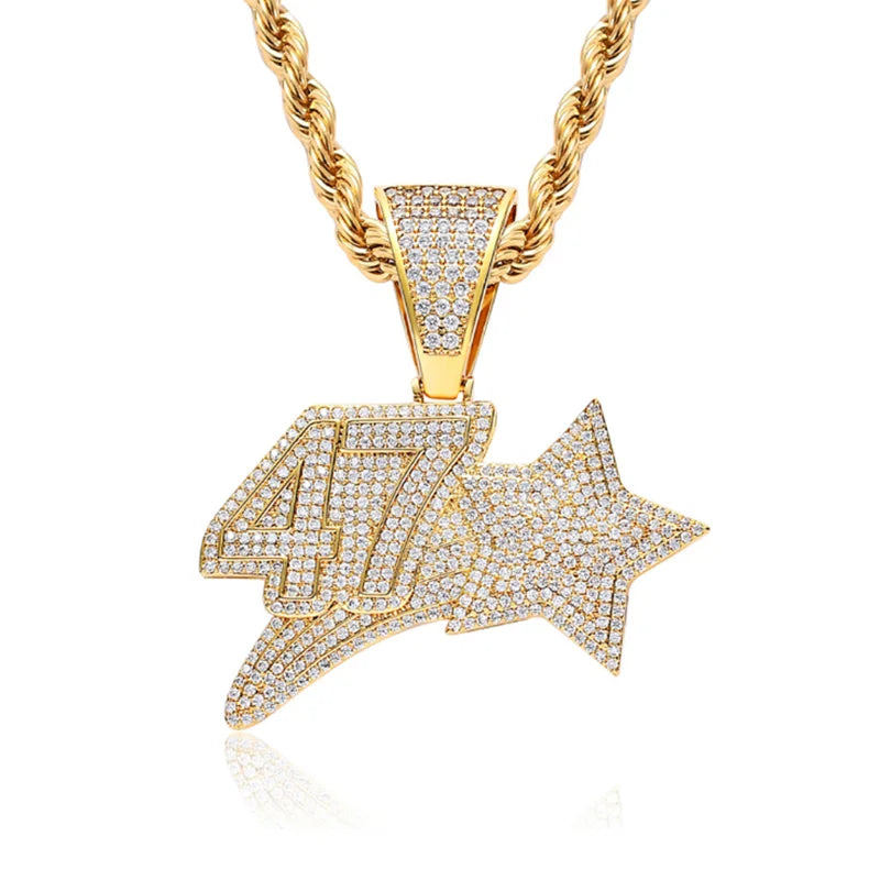 Rhinestone Necklace Ice Out CZ Numbers Pendant Hip Hop Silver Chain