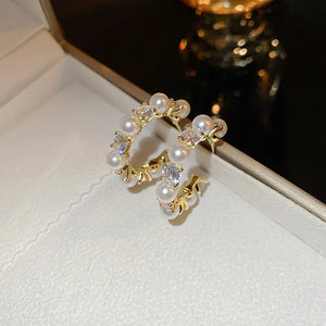 Rhinestone Pearl C-shaped Hoop Earrings for Women